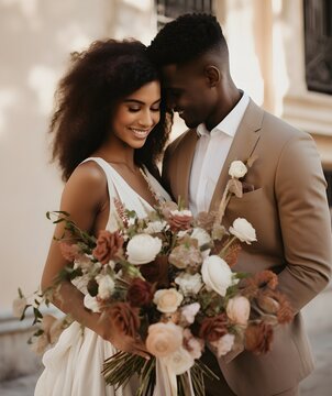 wedding photo of a happy young couple, nation diversity, with different nationalities, diversity of skin color, sunset light