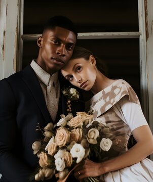 wedding photo of a happy young couple, nation diversity, with different nationalities, diversity of skin color, sunset light