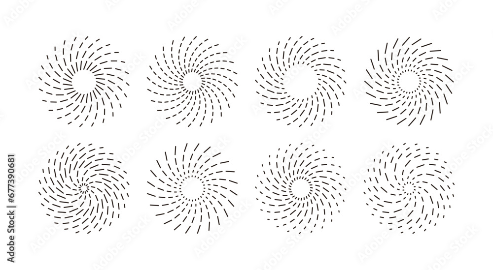 Poster set of spiral and radial circular design illustrations of simple, modern, geometric and abstract sha