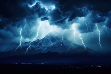 Electric veins of a thunderstorm above mountains - obrazy, fototapety, plakaty