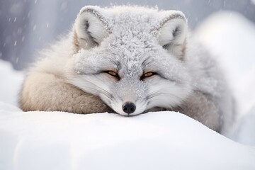 Obraz premium Frost-covered Arctic fox curled up in the snow