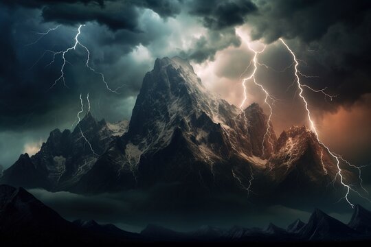 Electric veins of a thunderstorm above mountains