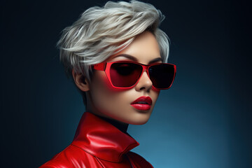 Girl model in red wearing modern sunglasses on dark background. Face of beauty young woman with haircut, short blond hair. Concept of style, fashion, portrait, makeup, hairstyle - obrazy, fototapety, plakaty