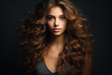 Naklejka premium Young woman with long brown curly hair on dark background. Portrait of girl model with wavy hairstyle, healthy skin of face. Concept of style, fashion, beauty salon, studio, perfect