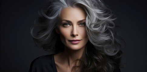 beautiful middle aged woman with gray natural hair, dark background, copyspace