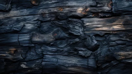Fototapeten Burnt wood texture background, structure of scorched black timber. Abstract pattern of dark charred tree. Concept of charcoal, smoke, coal, grill, embers, fire, firewood, barbecue © karina_lo