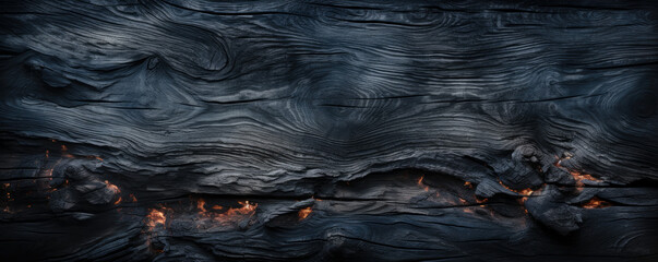 Burnt wood texture background, wide banner of charred black timber. Abstract pattern of dark scorched tree. Concept of charcoal, smoke, coal, grill, embers, fire, firewood, burn