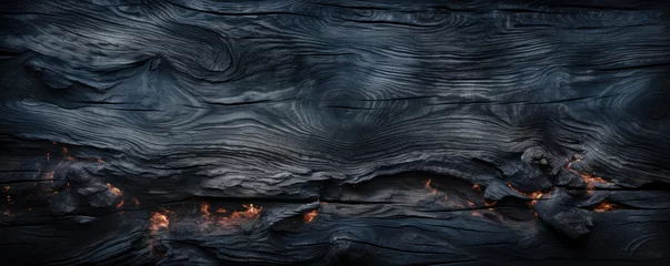 Foto op Aluminium Burnt wood texture background, wide banner of charred black timber. Abstract pattern of dark scorched tree. Concept of charcoal, smoke, coal, grill, embers, fire, firewood, burn © karina_lo