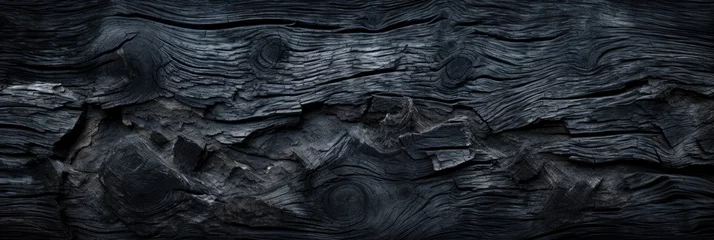 Meubelstickers Burnt wood texture background, panoramic black charcoal. Abstract charred timber, pattern of dark scorched tree. Concept of smoke, coal, grill, embers, barbecue, fire, firewood © karina_lo