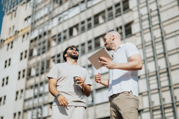 A team of architects and engineers collaborate outdoors, discussing blueprints and analyzing building designs. Their teamwork contributes to successful urban renovations.