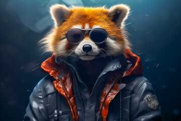 A raccoon wearing hip-hop style street fashion. Funny cute animal, child bear, rapper and hustler concept - obrazy, fototapety, plakaty