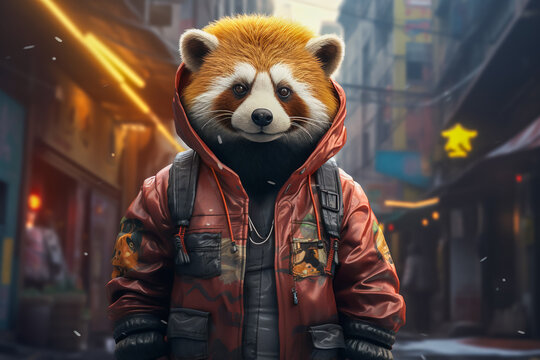 A raccoon wearing hip-hop style street fashion. Funny cute animal, child bear, rapper and hustler concept