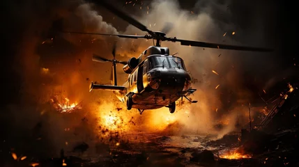 Foto op Plexiglas helicopter on war zone fire and smoke in the desert background © pickypix