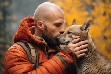 Man hugs puppy on a walk in forest. Loyal dog enjoying autumn day with his owner. Friendship between man and dog. Love animal concept