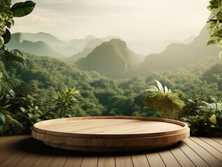 Natural wood podium product display with tropical leaves background