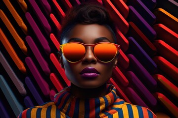Beautiful african american woman in bright stylish clothes. Glamorous female model with artistic makeup wearing funky sunglasses. Creative colorful style - obrazy, fototapety, plakaty