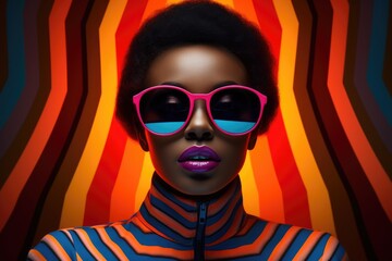 Beautiful african american woman in bright stylish clothes. Glamorous female model with artistic makeup wearing funky sunglasses. Creative colorful style