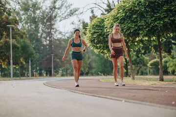Two fit girls jogging outdoors in a green park, inspiring a healthy lifestyle and outdoor fitness.