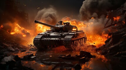 tank on war zone fire and smoke in the desert background