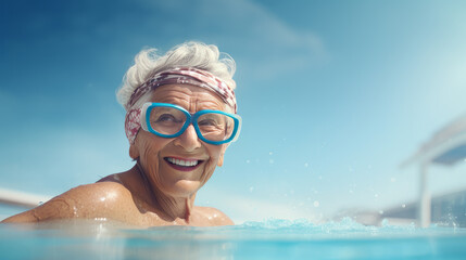 Smiling Woman Relaxing by the Pool in Stylish googles and Swimwear - obrazy, fototapety, plakaty