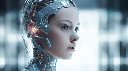 Portrait of young female robot with android face