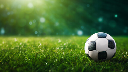 Used soccer ball on green grass with bokeh in background