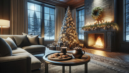 Fototapeta na wymiar living room christmas decorations and a fireplace with winter landscape outside