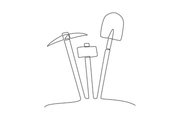 Continuous one line drawing Mining industry isometric icon. Mining equipment concept. Doodle vector illustration.