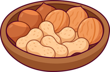 Bowl of mixed nuts (Bureom). Peanuts, walnuts, chestnuts cartoon drawing. Isolated clip art illustration.