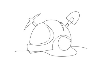 Continuous one line drawing Mining industry isometric icon. Mining equipment concept. Doodle vector illustration.