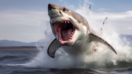 Obraz premium Close-up of a scary giant white shark jumping out of the ocean. Shark teeth
