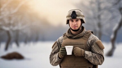 Obraz premium Portrait of a soldier with a cup of hot coffee against winter background with space for text, AI generated, background image
