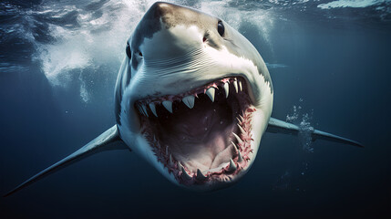 Close up of a scary giant white shark swimming in the ocean, Shark teeth