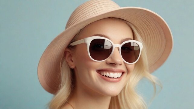 Portrait of a blonde hair white female wearing sunglasses and hat with Delighted expression against pastel background with space for text, AI generated, background image