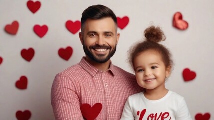 Portrait of happy dad with his toddler daughter posing against valentine's day vibes background with space for text, AI generated, background image