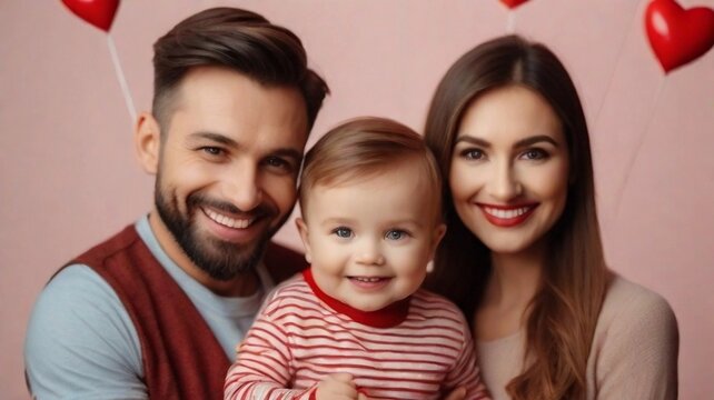 Portrait of happy couple with their toddler son posing against valentine's day vibes background with space for text, AI generated, background image