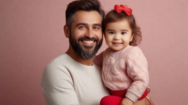Portrait of happy dad with his toddler daughter posing against valentine's day vibes background with space for text, AI generated, background image