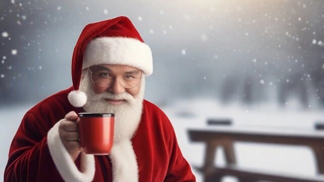 Portrait of santa claus with a cup of hot coffee against winter background with space for text, AI generated, background image