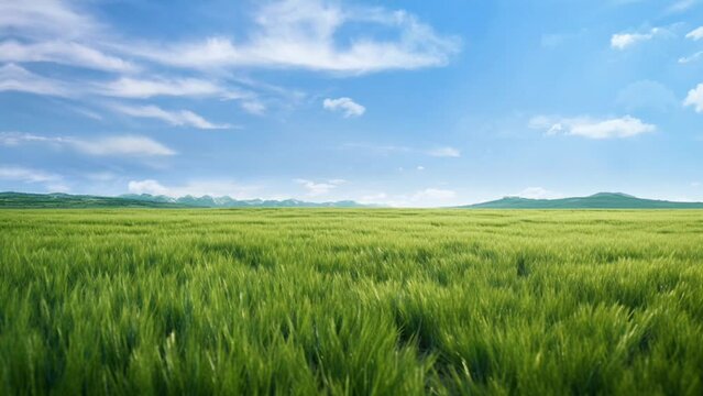 Beautiful fantasy spring nature landscape and green grass field animation background. seamless looping video animation background, anime or cartoon style. Generated with AI