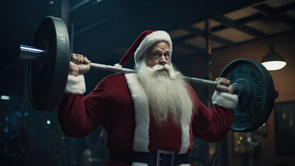 Photo of a strong Santa Claus in the gym with dumbbells. - obrazy, fototapety, plakaty