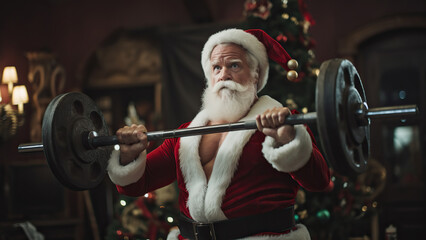 Fototapeta na wymiar Photo of a strong Santa Claus in the gym with dumbbells.