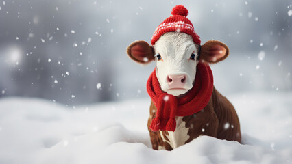 Photo of a cow dressed in warm clothes on a winter snow background, a scarf and a hat.