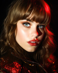 Fototapeta premium Wavy dark blonde: Piercing look, red lips, neon lights, serious demeanor.