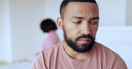 Man, thinking and conflict of couple in bedroom with sad, breakup and frustrated at home. Crisis, divorce and face of partner angry for cheating, marriage affair or toxic fight for emotional drama - Powered by Adobe