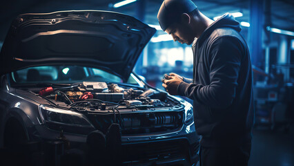 Close up of a mechanic fixing car under the hood with tools at garage.