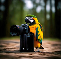 Loro amarillo verde naranja y negro con una cámara fotográfica en un bosque