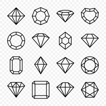 Vector Flat Simple Minimalistic Linear Black and White Gemstone Icons Set. Diamond, Crystal, Rhinestones Closeup Isolated. Jewerly Concept. Design Template of Gemstones, Gem Clipart. Top, Front View