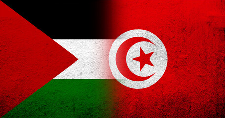 Flag of Palestine and The Republic of Tunisia National flag. Grunge background