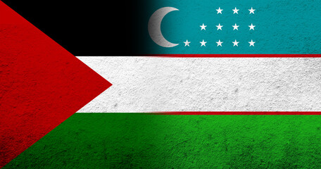 Flag of Palestine and The Republic of Uzbekistan National flag. Grunge background