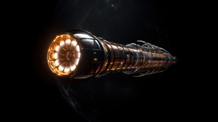 un long vaisseau spatiale en forme de cylindre avec un énorme propulseur à l'arrière